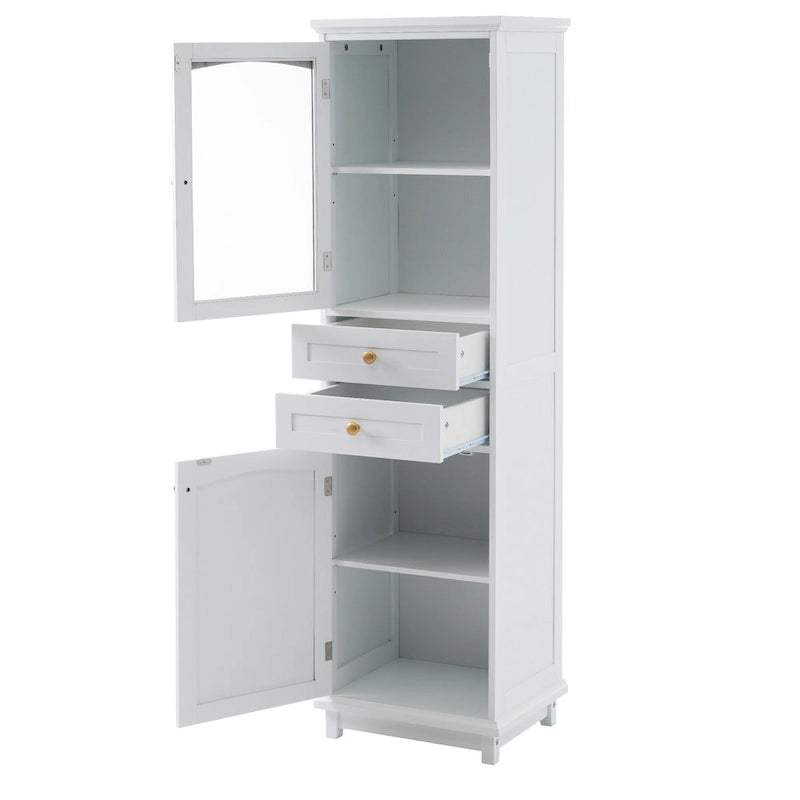 Tall Bathroom Storage Cabinet with Glass Doors and Two Drawers