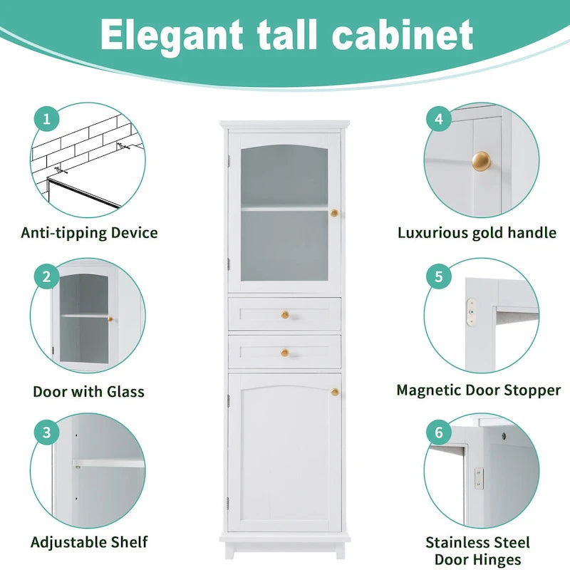 Mobile contenitore alto da bagno con ante in vetro e due cassetti