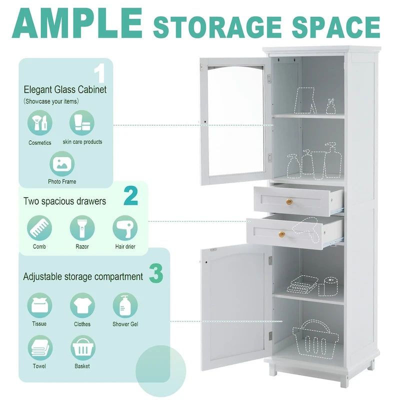 Mobile contenitore alto da bagno con ante in vetro e due cassetti