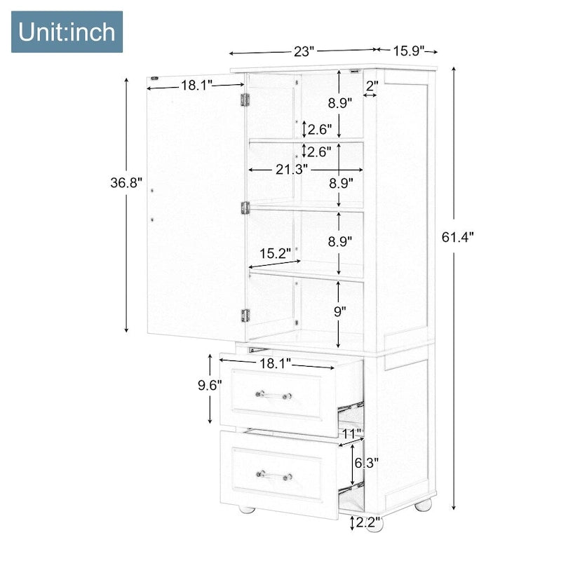 Tall Bathroom Storage Cabinet with Two Drawers and Adjustable Shelf