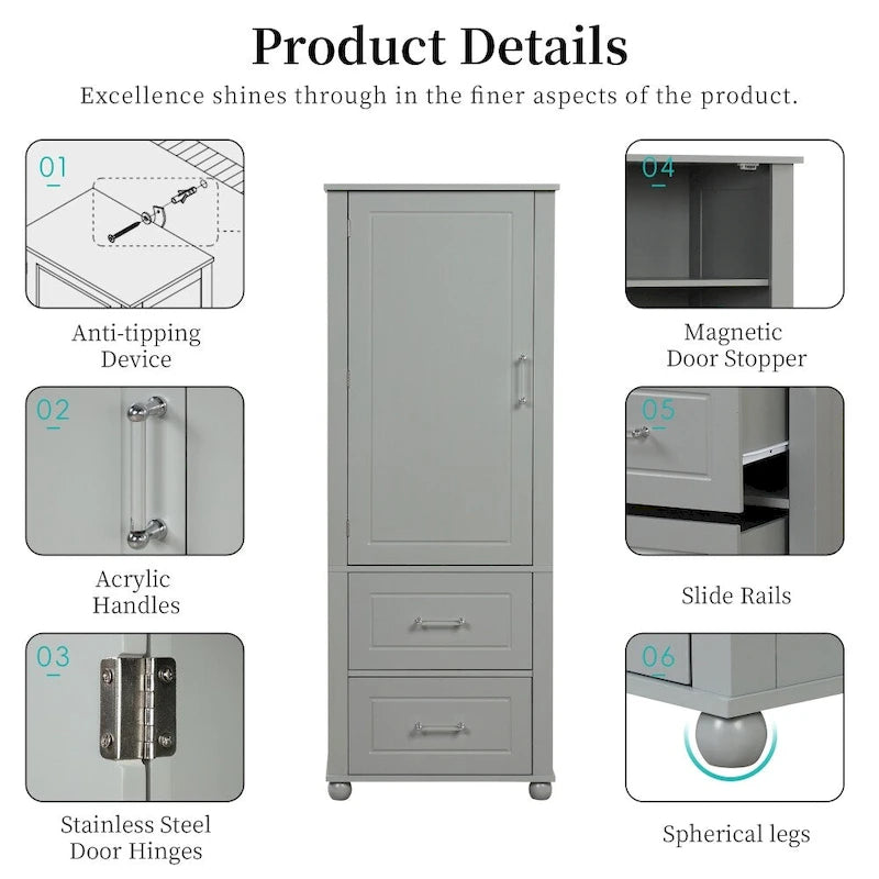 Tall Bathroom Storage Cabinet with Two Drawers and Adjustable Shelf