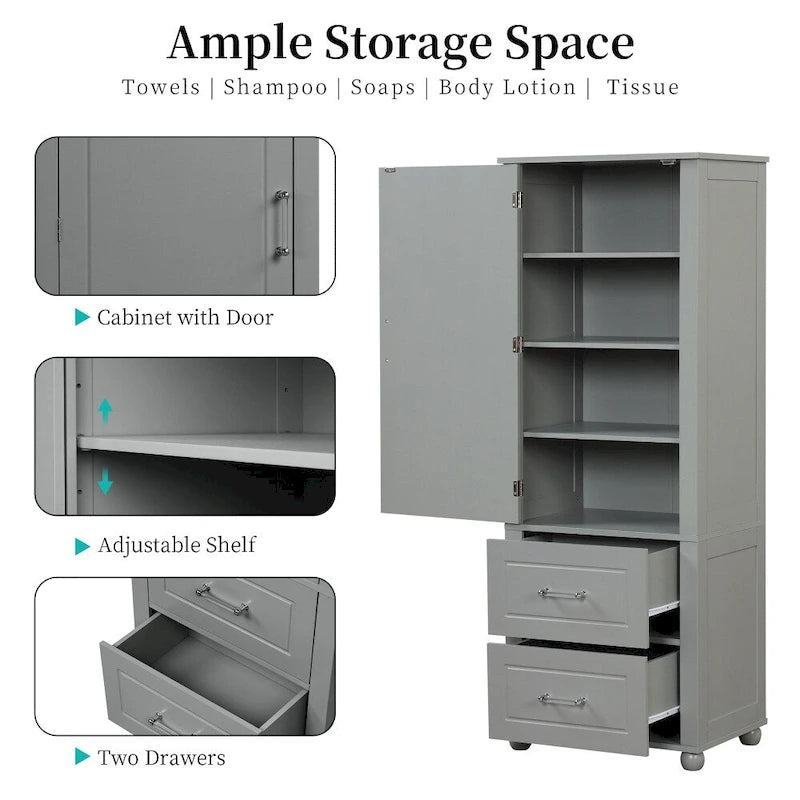 Tall Bathroom Storage Cabinet with Two Drawers and Adjustable Shelf