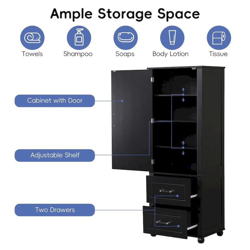 Tall Bathroom Storage Cabinet with Two Drawers and Adjustable Shelf