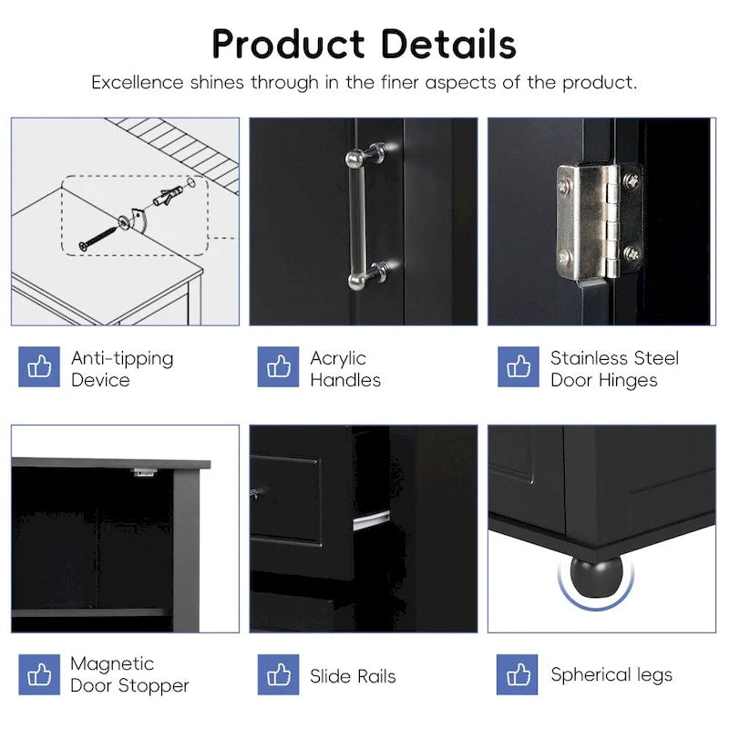 Tall Bathroom Storage Cabinet with Two Drawers and Adjustable Shelf
