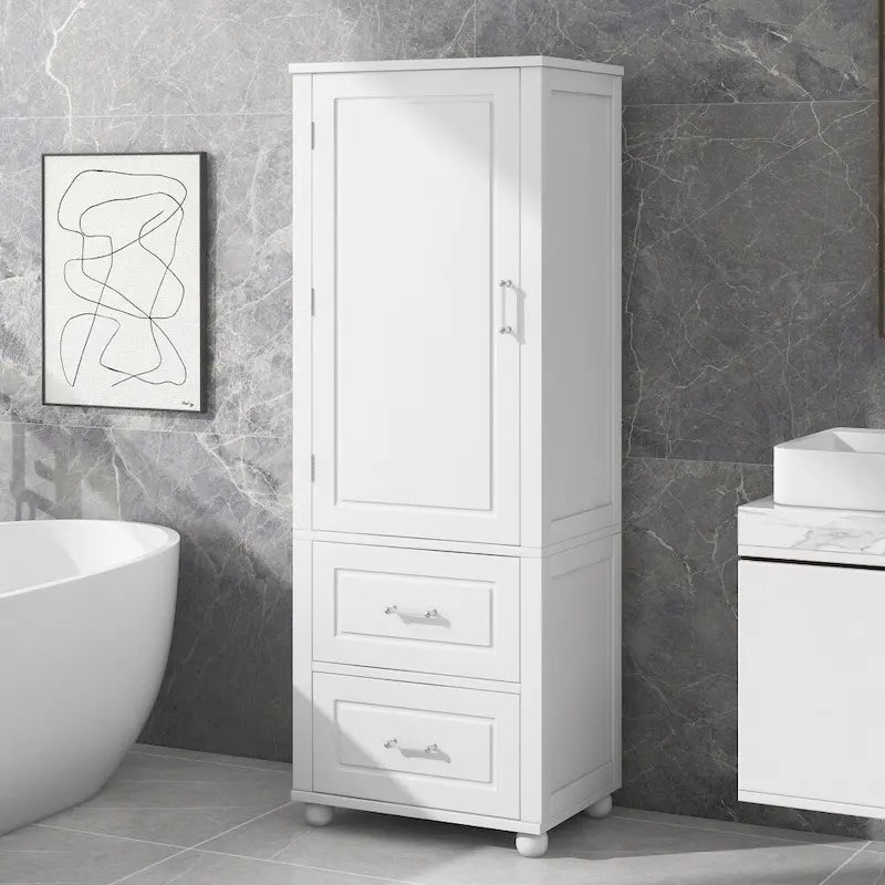 Tall Bathroom Storage Cabinet with Two Drawers and Adjustable Shelf