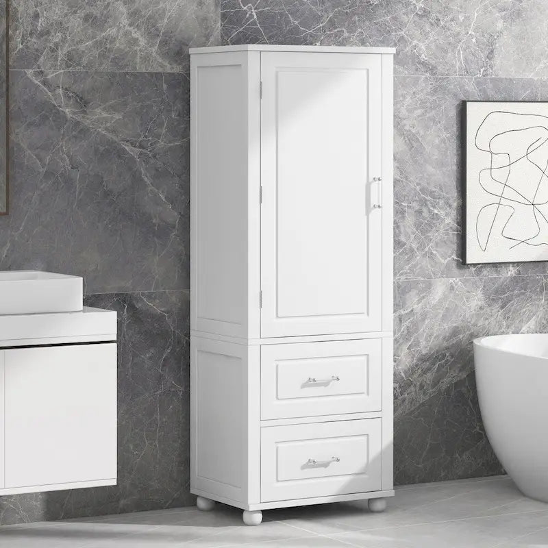 Tall Bathroom Storage Cabinet with Two Drawers and Adjustable Shelf