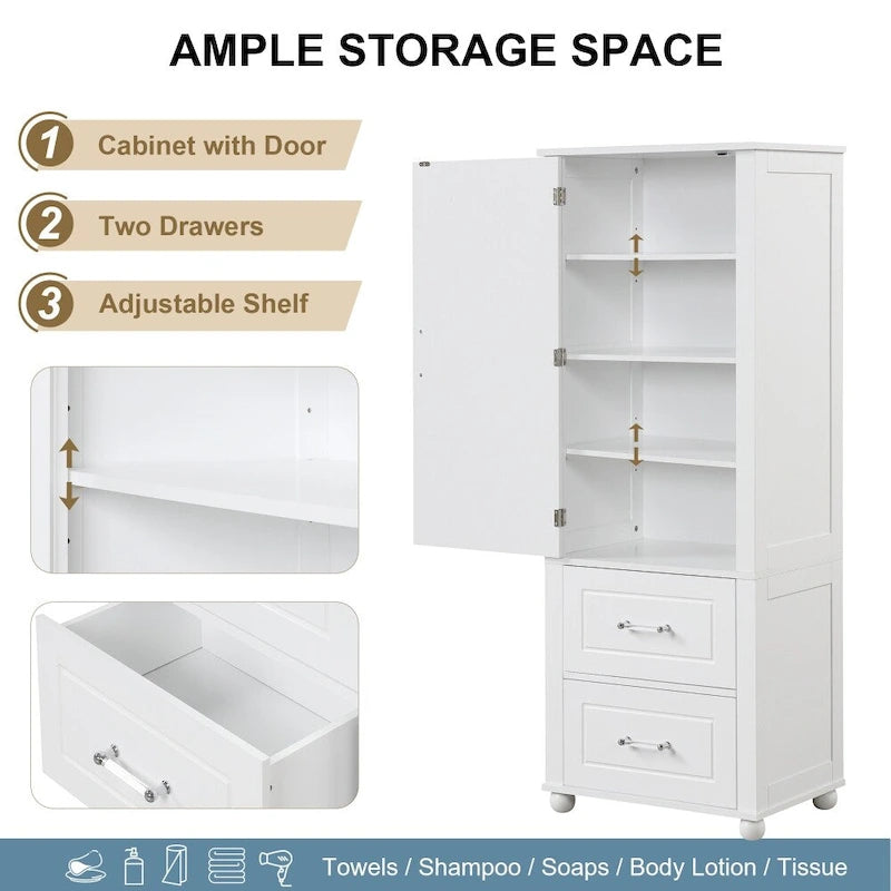 Tall Bathroom Storage Cabinet with Two Drawers and Adjustable Shelf