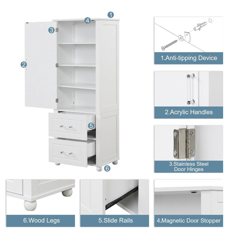 Tall Bathroom Storage Cabinet with Two Drawers and Adjustable Shelf
