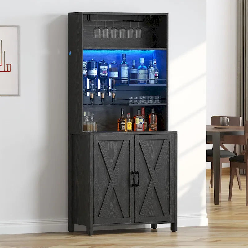 Tall Wine Bar Cabinet for Liquor and Glasses | Kitchen & Dining Cabinet with Liquor Dispenser & Wine Rack