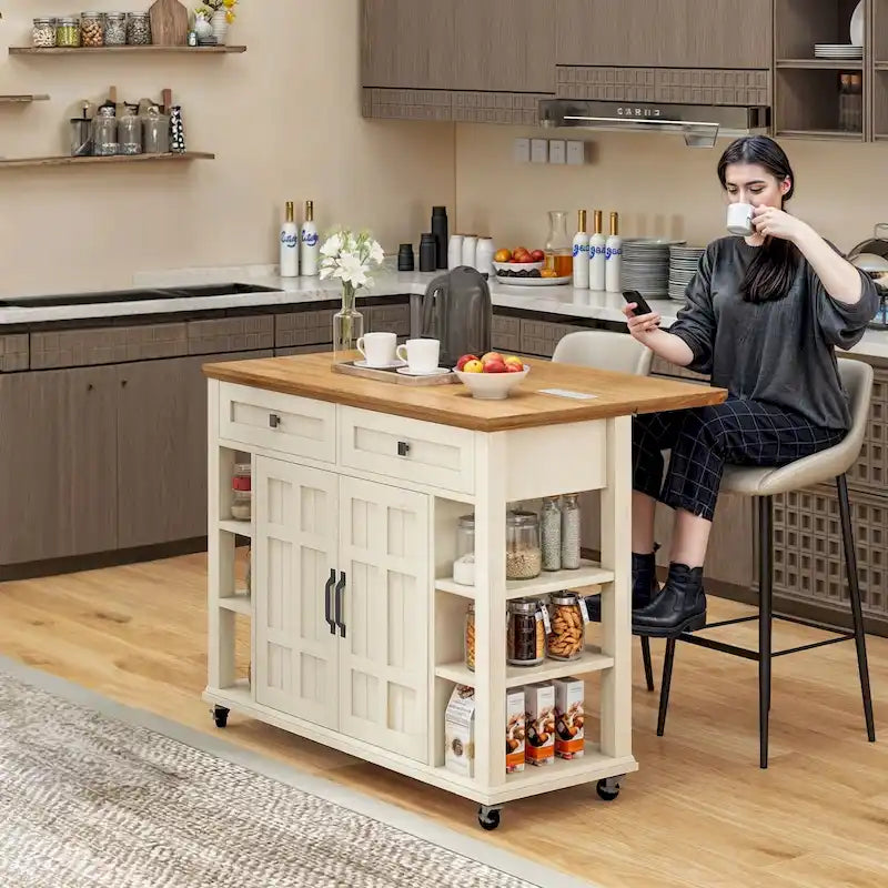 45" Rolling Kitchen Island with Storage & Drawers, Extendable Bar Table with Lockable Wheels
