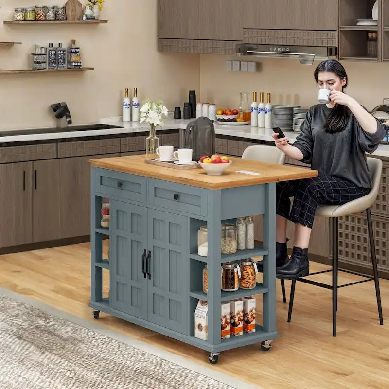 Îlot de cuisine roulant de 45 po avec rangement et tiroirs, table-bar extensible à roulettes verrouillables