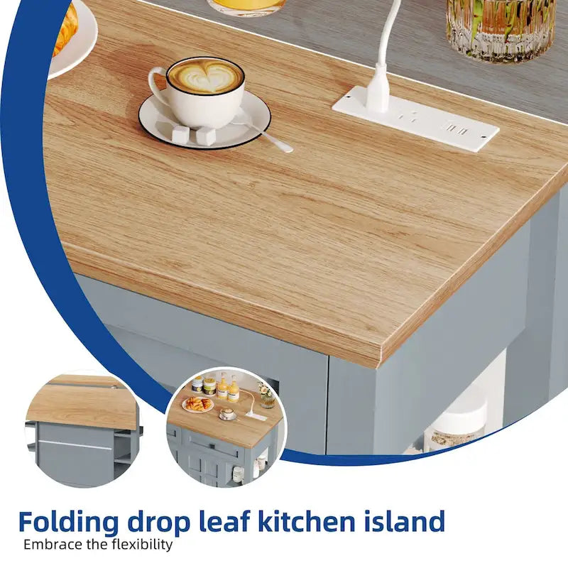 Îlot de cuisine roulant de 45 po avec rangement et tiroirs, table-bar extensible à roulettes verrouillables