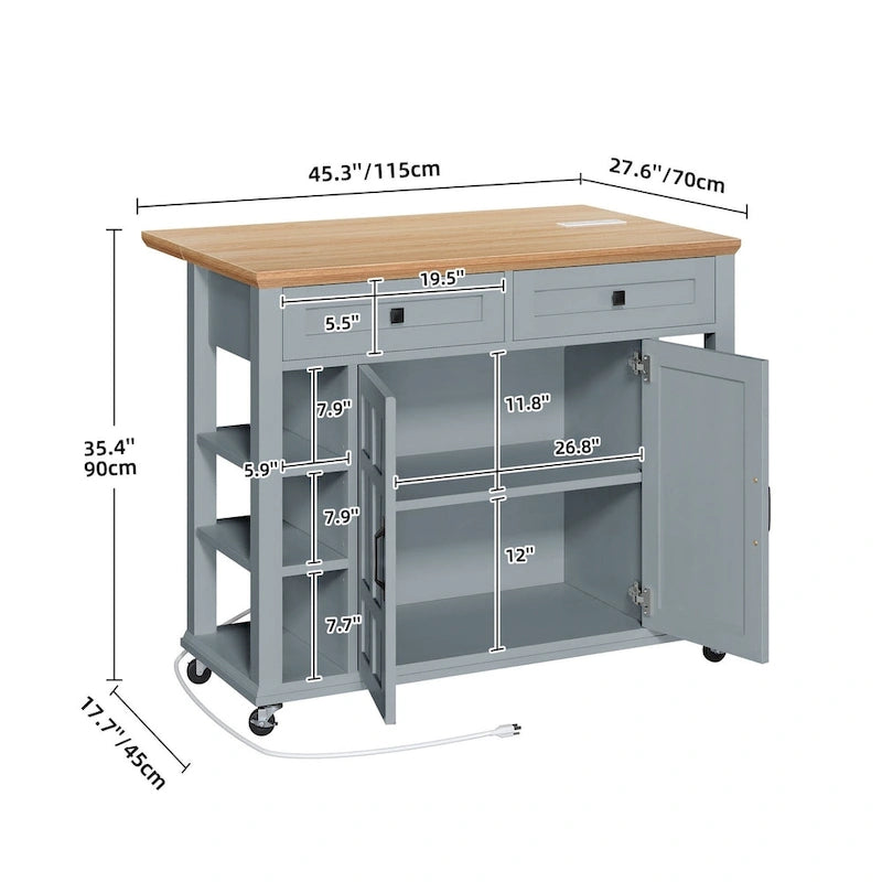 Îlot de cuisine roulant de 45 po avec rangement et tiroirs, table-bar extensible à roulettes verrouillables